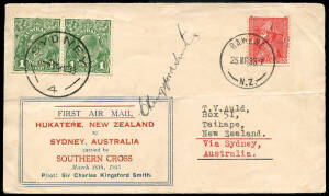 26 Mar.1933 (AAMC.299a) Sydney - New Zealand - Sydney cover signed by Charles Kingsford Smith & carried on the second flight of the "Southern Cross" from NZ to Australia. [one of 10 covers flown in both directions]. Cat.$1500.