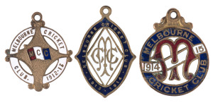 MELBOURNE CRICKET CLUB, 1912-13 membership badge, made by C. Bentley, (No.52), 1913-14 by Stokes (No.2835) and 1914-15 by Stokes (No.3919). (3).