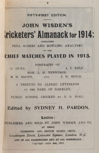 JOHN WISDEN'S CRICKETERS' ALMANACK for 1914: rebound from title page to p.524 and incorporating the photographic plate "FIVE CRICKETERS OF THE YEAR"; half red calf over cloth-covered boards, blank end-papers, gilt titles to spine.  Provenance: The family,