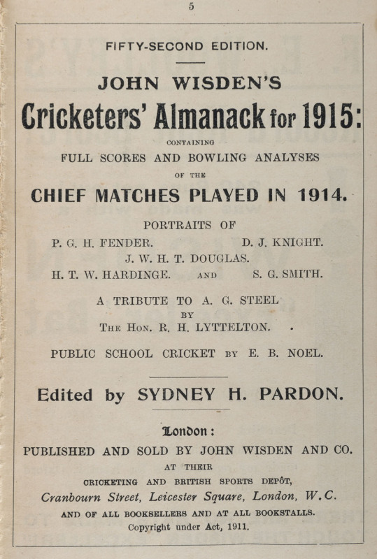 JOHN WISDEN'S CRICKETERS' ALMANACK for 1915: rebound from title page to p.520 and incorporating the photographic plate "FIVE CRICKETERS OF THE YEAR"; half red calf over cloth-covered boards, blank end-papers, gilt titles to spine.  Provenance: The family,