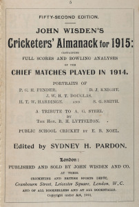 JOHN WISDEN'S CRICKETERS' ALMANACK for 1915: rebound from title page to p.520 and incorporating the photographic plate "FIVE CRICKETERS OF THE YEAR"; half red calf over cloth-covered boards, blank end-papers, gilt titles to spine.  Provenance: The family,