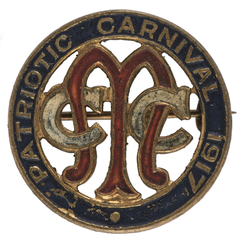 MELBOURNE CRICKET CLUB: 1917 PATRIOTIC CARNIVAL badge made by Stokes & Sons.The Patriotic Carnival was held at the Melbourne Cricket Ground (MCG) from the 20th to the 27th of October to raise funds for the support of returned servicemen and their families