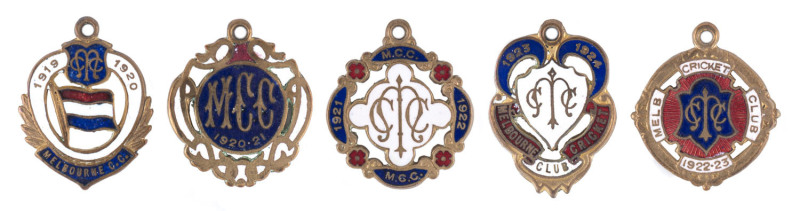 MELBOURNE CRICKET CLUB, 1919-20 membership badge (No.3382), 1920-21 (No.3668), 1921-22 (No.139), 1922-23 (No.3129) and 1923-24 (No.1443) all made by C. Bentley. (5).