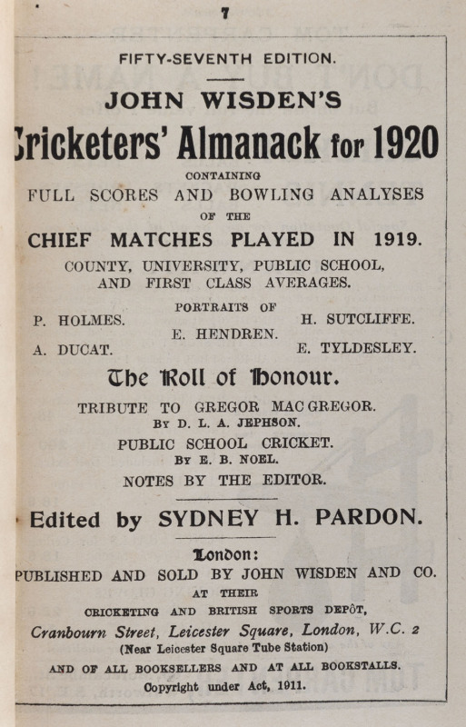 JOHN WISDEN'S CRICKETERS' ALMANACK for 1920: rebound from title page to p.416 and incorporating the photographic plate "FIVE BATSMEN OF THE YEAR"; half red calf over cloth-covered boards, blank end-papers, gilt titles to spine.  Provenance: The family, by