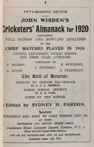 JOHN WISDEN'S CRICKETERS' ALMANACK for 1920: rebound from title page to p.416 and incorporating the photographic plate "FIVE BATSMEN OF THE YEAR"; half red calf over cloth-covered boards, blank end-papers, gilt titles to spine.  Provenance: The family, by