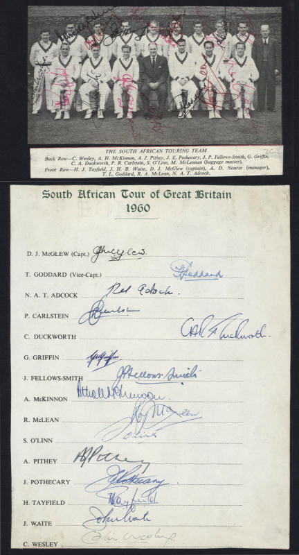 A cricket miscellany comprising an AUSTRALIA 1921 Team photograph (by Philip G. Hunt, London); a 1938 fixture card published by "The Advertiser" and listing the Australian team; the 1958 New Zealand Team signatures on a page; the South African team to Eng