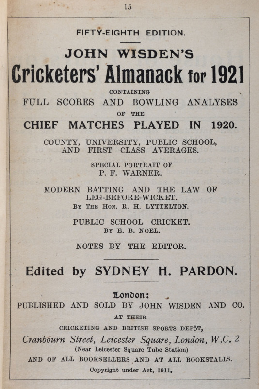 JOHN WISDEN'S CRICKETERS' ALMANACK for 1921: rebound from title page to p.502 (Two sections: 272pp + 502pp) and incorporating the photographic plate "P.F. WARNER"; half red calf over cloth-covered boards, blank end-papers, gilt titles to spine.  Provenanc