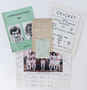 A miscalleous group including a 13 Aug.1921 England v Australia scorecard, a 1948 Thomas Owen XI autograph page signed by Norman Yardley, Len Hutton, Douglas Jardine and two others, a June 1972 Combined Universities v Australians Souvenir Match Card (the Australians included Ian Chappell, Rod Marsh & Ross Edwards), a 1981 Australian Tour programme (printed in Clapham), Australia - Ashes Tour 1997 team photographs (4) all with printed autographs. (8 items).