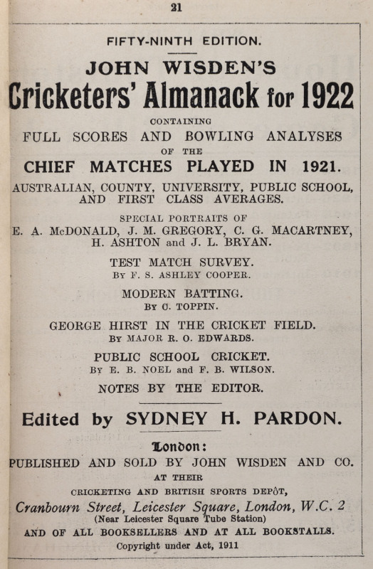 JOHN WISDEN'S CRICKETERS' ALMANACK for 1922: rebound from title page with 947pp (in two parts, to p.320 + to p.648) and incorporating the photographic plate "FIVE CRICKETERS OF THE YEAR" (including Australian E.A. McDonald, J.M. Gregory & Charlie Macartne