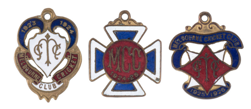 MELBOURNE CRICKET CLUB, 1923-24 membership badge, made by C. Bentley, No.3868; also, 1924-25, No.3563 & 1925-26, No.802. (3 items).