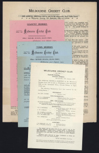 MELBOURNE CRICKET CLUB: 1923 Official documents, comprising of:- i) 31st August, 1923 notice of the forthcoming Annual General Meeting; ii) 12th September, 1923 Report presented to the Annual General Meeting; iii) Two subscription renewal notices for a Town Member and a Country Member. (4 items).