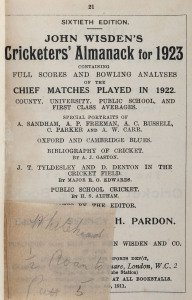 JOHN WISDEN'S CRICKETERS' ALMANACK for 1923: rebound from title page to 917pp (in two parts, to p.360 + to p.580) and incorporating the photographic plate "FIVE CRICKETERS OF THE YEAR"; half red calf over cloth-covered boards, blank end-papers, gilt title