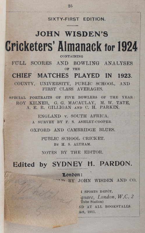 JOHN WISDEN'S CRICKETERS' ALMANACK for 1924: rebound from title page with 969pp (in two sections: to p.328 + to p.666) and incorporating the photographic plate "FIVE BOWLERS OF THE YEAR"; half red calf over cloth-covered boards, blank end-papers, gilt tit