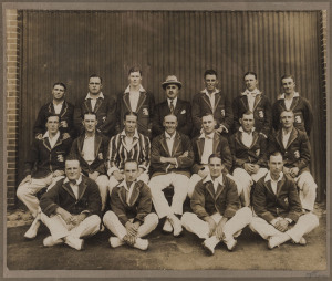 M.C.C. AUSTRALIAN TOUR 1924-25 team photograph by "Melba" of Sydney. Laid down on card; image 26 x 32cm (overall 39 x 50.5cm).