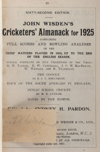 JOHN WISDEN'S CRICKETERS' ALMANACK for 1925: rebound from title page with 914pp (in two sections: to p.336 + to p.598) and incorporating the photographic plate "FIVE CRICKETERS OF THE YEAR"; half red calf over cloth-covered boards, blank end-papers, gilt 