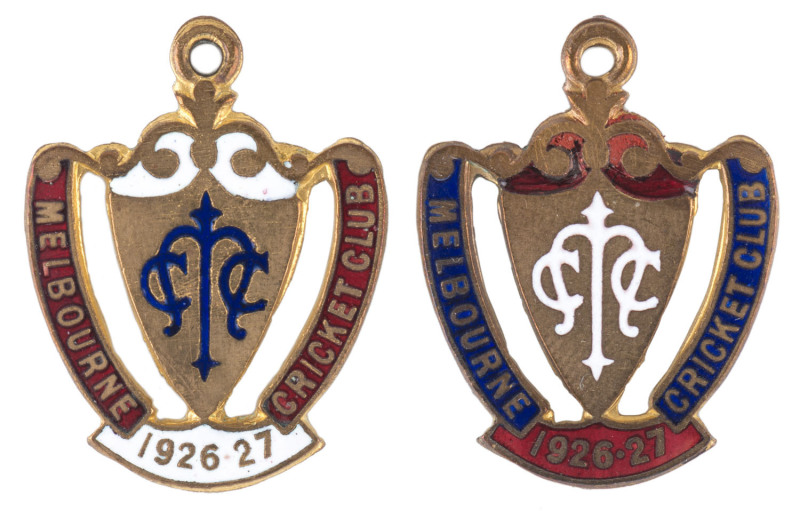 MELBOURNE CRICKET CLUB, 1926-27 membership badges, made by C. Bentley, No.3225 and the Country membership badge No.838. (2 items).A similar pair sold by us in April 2015 brought $1,342 incl. BP.