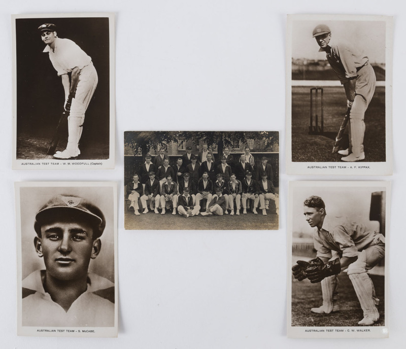 The Australian Team at Northampton in 1926, real photo postcard by Greenway (Northampton) together with four photo postcards of Woodfull, Kippax, Walker & McCabe. (5 items).The match took place 30 June, 1, 2 July 1926. Australia won by an innings and 147