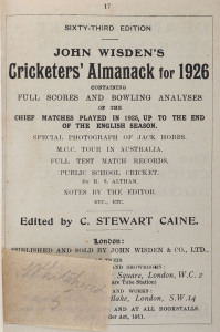 JOHN WISDEN'S CRICKETERS' ALMANACK for 1926: rebound from title page with 987pp (in two sections: to p.340 + to p.664) and incorporating the photographic plate "J.B.HOBBS"; half red calf over cloth-covered boards, blank end-papers, gilt titles to spine.  