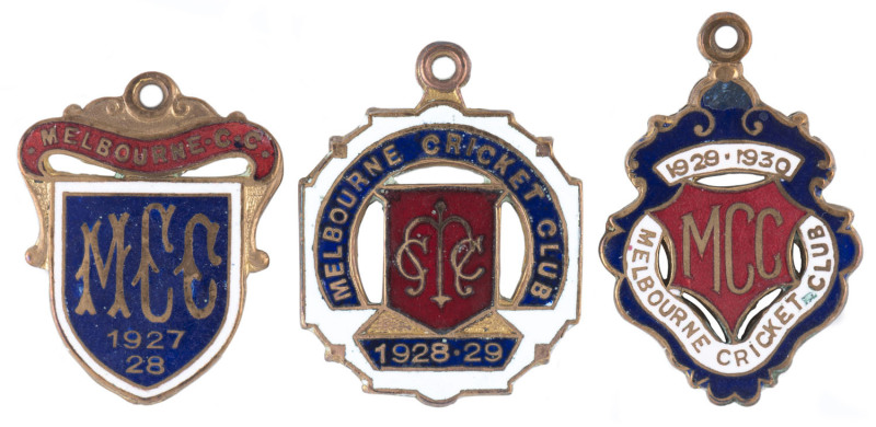 MELBOURNE CRICKET CLUB, membership badges for 1927-28, (No.259), 1928-29, (No.4766) and for 1929-30 (No.680), all made by Bentley. (3 items). 