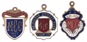 MELBOURNE CRICKET CLUB, membership badges for 1927-28, (No.259), 1928-29, (No.4766) and for 1929-30 (No.680), all made by Bentley. (3 items).