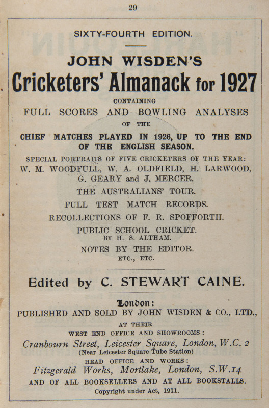 JOHN WISDEN'S CRICKETERS' ALMANACK for 1927: rebound from title page with 1,005pp (in two sections: to p.350 + to p.684) and incorporating the photographic plate "FIVE CRICKETERS OF THE YEAR" (including Bill Woodfull, Bill Oldfield and Harold Larwood); ha