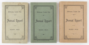 'Melbourne Cricket Club, Annual Report, For the Season 1928-29.' [Melbourne; Mason, Firth & M'Cutcheon, 1929] 158pp, with original light blue covers. Together with the 1934-35 Annual Report (180pp, green covers) and 1935-36 Annual Report (172pp, fawn cove