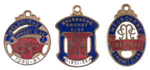 MELBOURNE CRICKET CLUB, membership badges, made by C. Bentley, for 1930-31 (No.5266), 1931-32 (No.4196) & 1933-34 (No.857). (3).