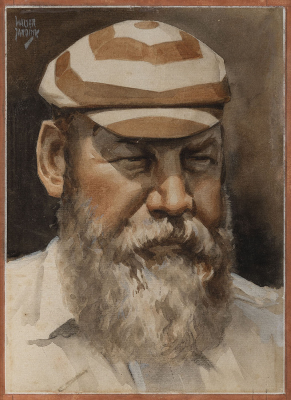 Walter JARDINE (Australian 1884-1970) [Dr William Gilbert "W.G." Grace]. c1930s, Watercolour, signed upper left, 18.2 x 13.2cm. Original design for the accompanying blotter card, An Ideal Cricket Eleven Series. No. 1: Dr W.G. Grace. Based on a 1908 phot