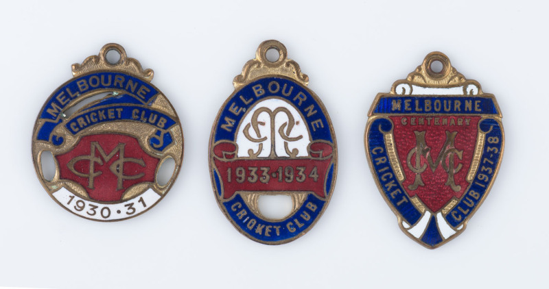 MELBOURNE CRICKET CLUB,  membership badges, made by C. Bentley, for 1930-31 (No.1204), 1933-34 (No.1992) &  by K.G.Luke for 1937-38 (No.953). (3).