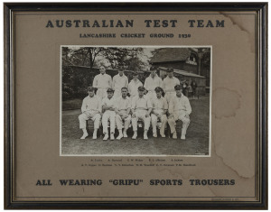 1930 AUSTRALIAN TEST TEAM, team photograph, with printed title "AUSTRALIAN TEST TEAM, LANCASHIRE CRICKET GROUND 1930, ALL WEARING 'GRIPU' SPORTS TROUSERS", with the player's names printed to the mount, framed & glazed, overall 37.5 x 48cm.