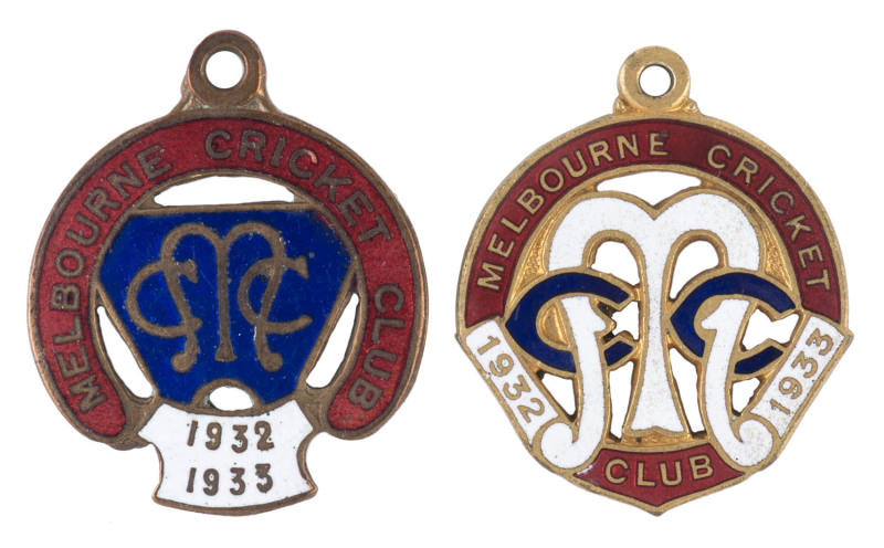 MELBOURNE CRICKET CLUB, 1932-33 membership badges, made by C. Bentley, (No.4312) and an unissued trial badge, numbered No.100 on reverse, made by Stokes & Sons. (2 items).Another example of the Stokes trial badge, with different colour arrangement, was so