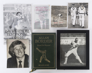 Cricket autographs: HAROLD LARWOOD (on a 1932-33 photo of Bill Oldfield after being hit by a ball), BILL BOWES (on 1973 tribute dinner menu), IAN REDPATH (on a1968 photo, walking out to bat with Bill Lawry), DAVID HOOKES (batting photo), GEOFF HOWARTH (N.Z. Captain photo), DAV WHATMORE (on 1990-91 Testimonial programme), ALLAN BORDER (in his book "Beyond Ten Thousand"). (7 items).