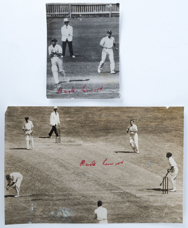 HAROLD LARWOOD, two action photograhs signed in red ink. One 19 x 29cm, the other 15 x 12cm. (2).