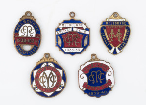 MELBOURNE CRICKET CLUB, membership badges, made by C. Bentley, for 1933-34 (No.3964), 1935-36 (No.2188) & by K.G.Luke for 1937-38 (No.4461), by Stokes for 1938-39 (No.2874) and by Bentley for 1939-40 (No.2131). (5).