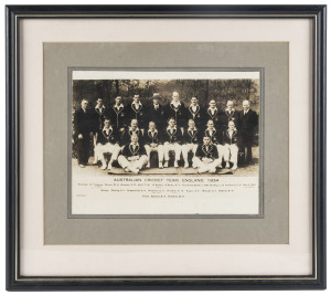 AUSTRALIAN CRICKET TEAM, ENGLAND 1934 official team photograph (17 x 22cm), together with an autographed letter to Ern Bromley on letterhead "Australian Board Of Control For International Cricket" dated 5th Feb. 1934, signed W.H. Jeanes (Secretary), block mounted and laminated with the associated envelope. (2 frames).