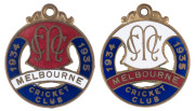 MELBOURNE CRICKET CLUB, 1934-35 membership badge by C. Bentley, (No.2393) and the Country member's badge (No.446). (2). The Melbourne & Victorian Centenary Year.