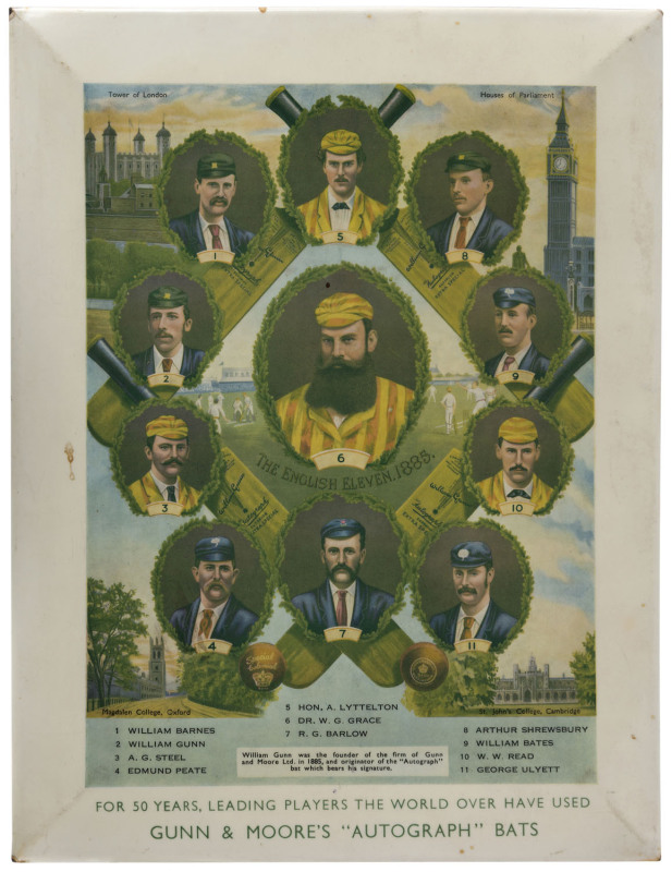 circa 1935 "Gunn & Moore's Autograph Bats" point-of-sale advertising display featuring W.G.Grace, Allan Steel, Billy Barnes, George Ulyett, Arthur Shrewsbury and several other fine batsmen who had been clients of Gunn & Moore in the 1880s. 