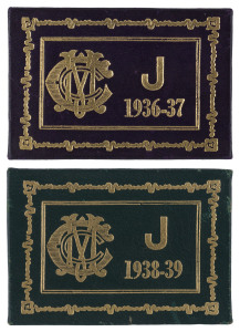 MELBOURNE CRICKET CLUB: Junior membership cards for 1936-37 (No.431) black leather with gold embossing, and 1938-39 (No.287) green leather with gold embossinbg. Both cards in the name of P. Jordan. (2).