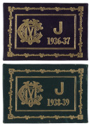 MELBOURNE CRICKET CLUB: Junior membership cards for 1936-37 (No.431) black leather with gold embossing, and 1938-39 (No.287) green leather with gold embossinbg. Both cards in the name of P. Jordan. (2).