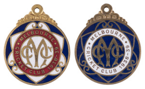 MELBOURNE CRICKET CLUB, 1938-39 membership badge by Stokes & Sons, (No.4108) and the Country member's badge (No.886). (2).