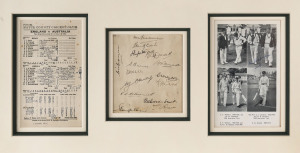 THE AUSTRALIAN TEAM IN ENGLAND - 1938 A mounted display comprising of three items: the official score card for the First Test at Trent Bridge, June 1938, which although drawn produced seven centuries and two double centuries!; a team sheet signed by all 15 of the Australian tourists including Don Bradman who made over 1000 runs in seven Test match innings; and, a photographic page signed in ink by Don Bradman