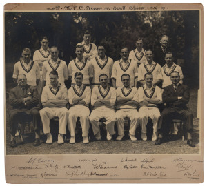 The M.C.C. TEAM in SOUTH AFRICA 1938-3928 x 37cm team photograph, laid down on card, signed by the whole party in the margin below. Noted Ames, Edrich, Hutton, Yardley, Hammond and Paynter.Five Test matches were played, with England winning one and the other four ending in draws. The final Test was declared a draw (even though 1981 runs had been scored) so that the English team could catch their ship back to England.Provenance: Formerly in the Monty Noble Collection.