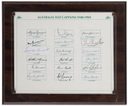 AUSTRALIAN TEST CAPTAINS 1940 - 1990 presentation plaque with the original signatures of 18 Australian Captains including Bill Brown, Don Bradman, Lindsay Hassett, Arthur Morris, Ray Lindwall, Ian Craig, Richie Benaud, and eleven more. With CofA.