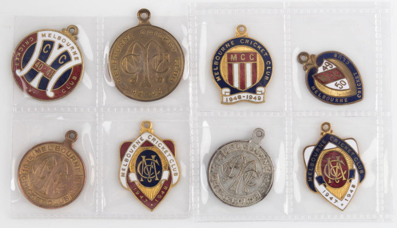 MELBOURNE CRICKET CLUB,  membership badges, made by K.G.Luke, for 1940-41, 1942-43, 1945-46, 1947-48, 1948-49 and 1949-50, together with the Country members badges for 1945-46 (No.C784) and for 1947-48 (No.C1292). (8).