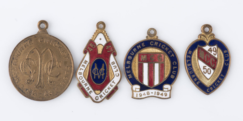 MELBOURNE CRICKET CLUB,  membership badges, made by K.G.Luke, for 1942-43, 1946-47, 1948-49 and 1949-50. (4).