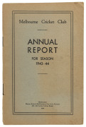 'Melbourne Cricket Club, Annual Report, For the Season 1943-44.' [Melbourne; Mason, Firth & M'Cutcheon, 1944] 28pp, with original light grey covers (discoloured). A very slender war-time edition in which several mentions are made of the fact that activiti