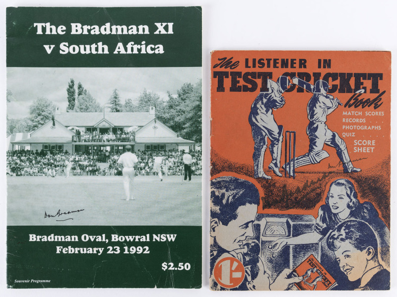 1948 "The Listener In TEST CRICKET Book", 52pp (including cover) signed twice to the front cover by Don Bradman; compiled and edited by Rohan Rivett. Profiles the Twentieth Australian Team for England and their likely opponents.