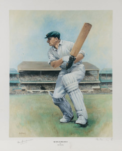 DON BRADMAN, print titled "SIR DONALD BRADMAN" BY ALAN FEARNLEY (BRADMAN in s follow-through position with the SCG in the background), signed in the lower margin by DON BRADMAN & THE ARTIST, L/E: 116/850. Framed & glazed, 57X48Ccm.