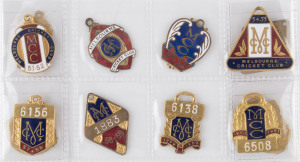 MELBOURNE CRICKET CLUB, membership badges, made by K.G.Luke for 1950-51, 1951-52, 1952-53, 1953-54 and 1954-55, by Bertram Bros. for 1955-56, by Stokes for 1956-57, by Bertram Bros. for 1957-58, by Luke for 1958-59 and by Bertram for 1959-60, 1960-61 and 1961-62. (12).