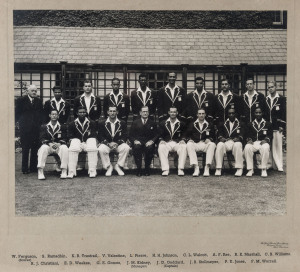 he West Indian cricket team in England in 1950 An official team photograph by The Sport & General Press Agency, Fleet Street, London, of the team that won the four match series, winning 3-1. Laid down on printed backing card; overall 31 x 35cm. Of the five players Wisden in 1951 named as their "Cricketers of the Year" four were West Indians: Sonny Ramadhin, Alf Valentine, Everton Weekes and Frank Worrell. The fifth player was England wicket-keeper Godfrey Evans. Provenance: Formerally in the M